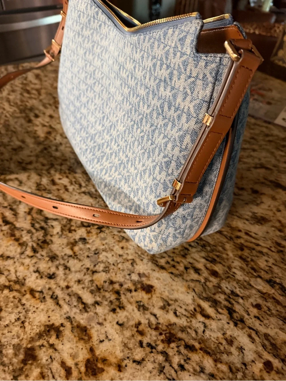 Michael Kors NOLITA Med. Denim Shoulder Bag in Light Blue with Gold Hardware